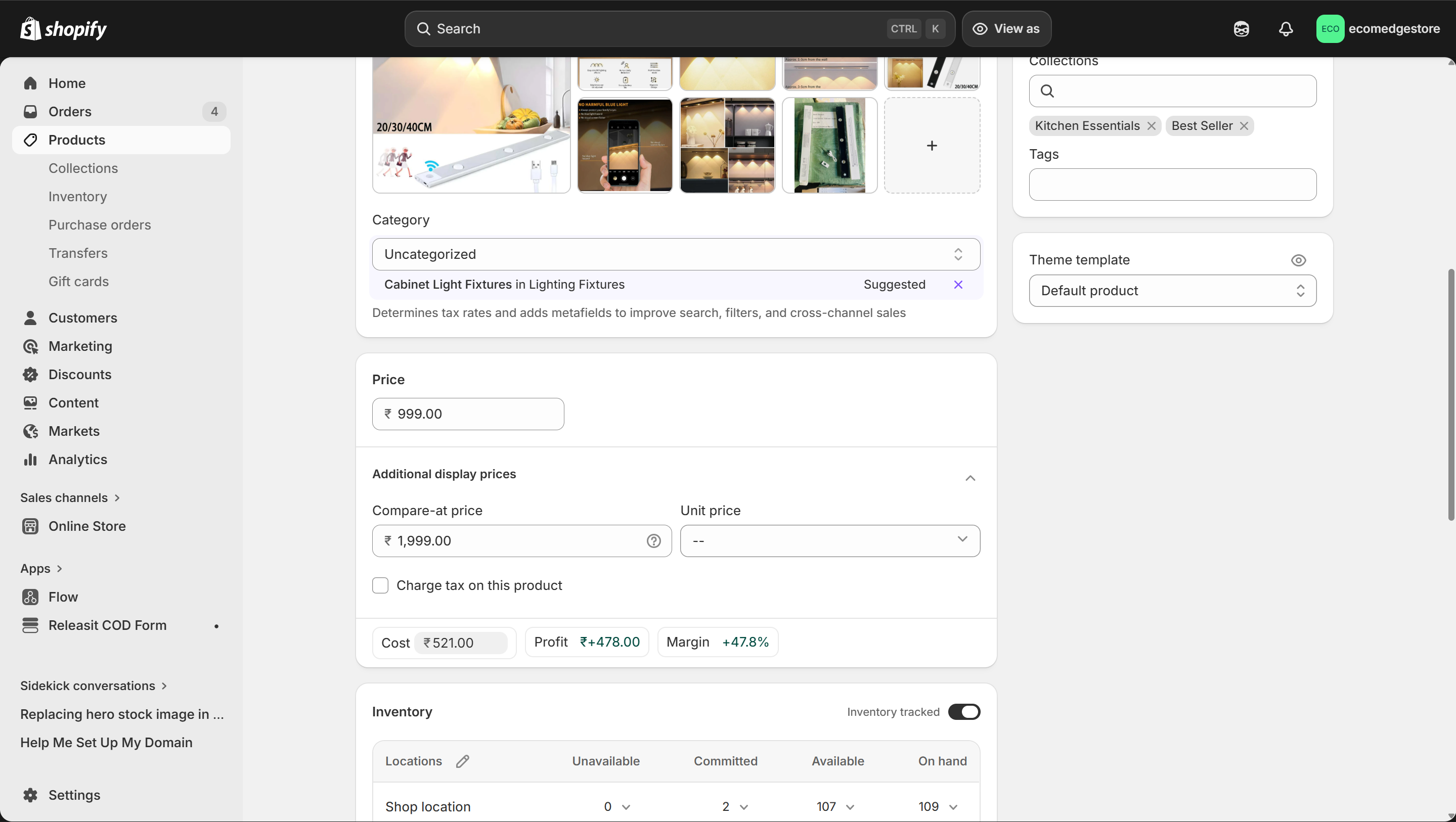 Product editor — pricing, category, collections, inventory